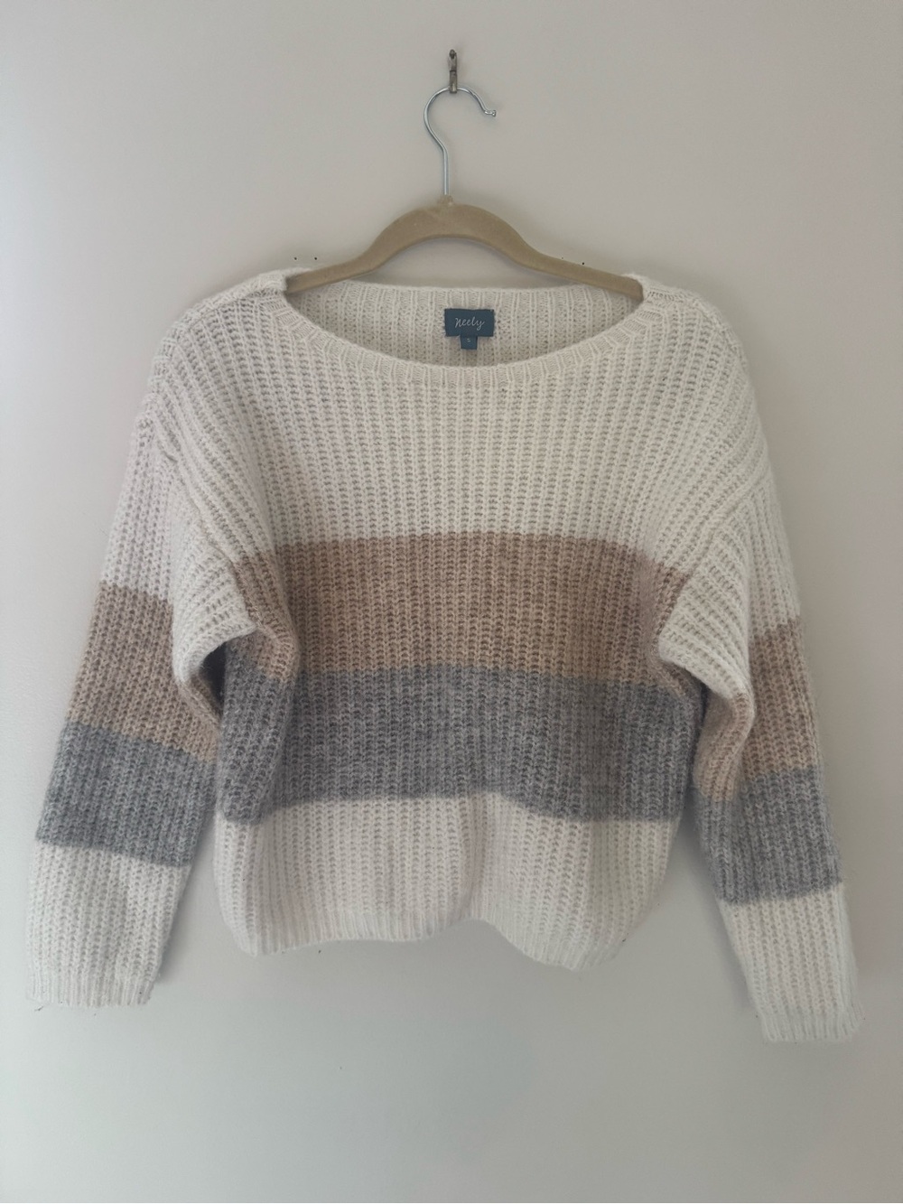 Cozy Striped Crewneck Sweater in Cream, Taupe & Gray